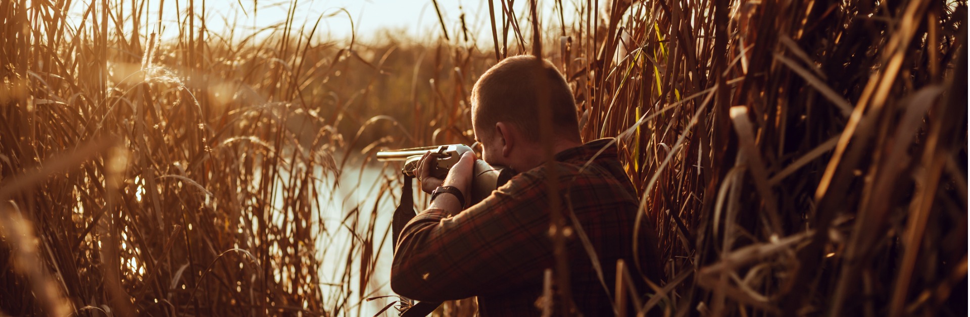 young hunter man with a shotgun hiding in the reeds near the pond at picture id1279348806